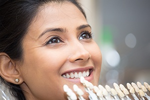 Woman's smile compared with color shading chart