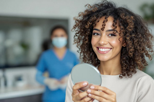 Woman smiling while holding small mirror