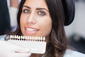 Woman's smile compared with tooth shade chart